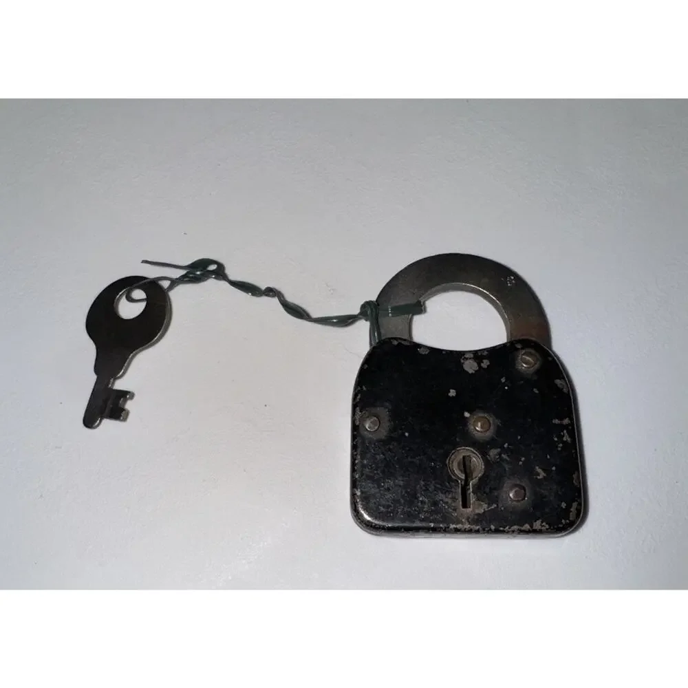 Antique Vintage Black Pressed Steel Padlock W Key Warded Skeleton Lock- Mid Cent